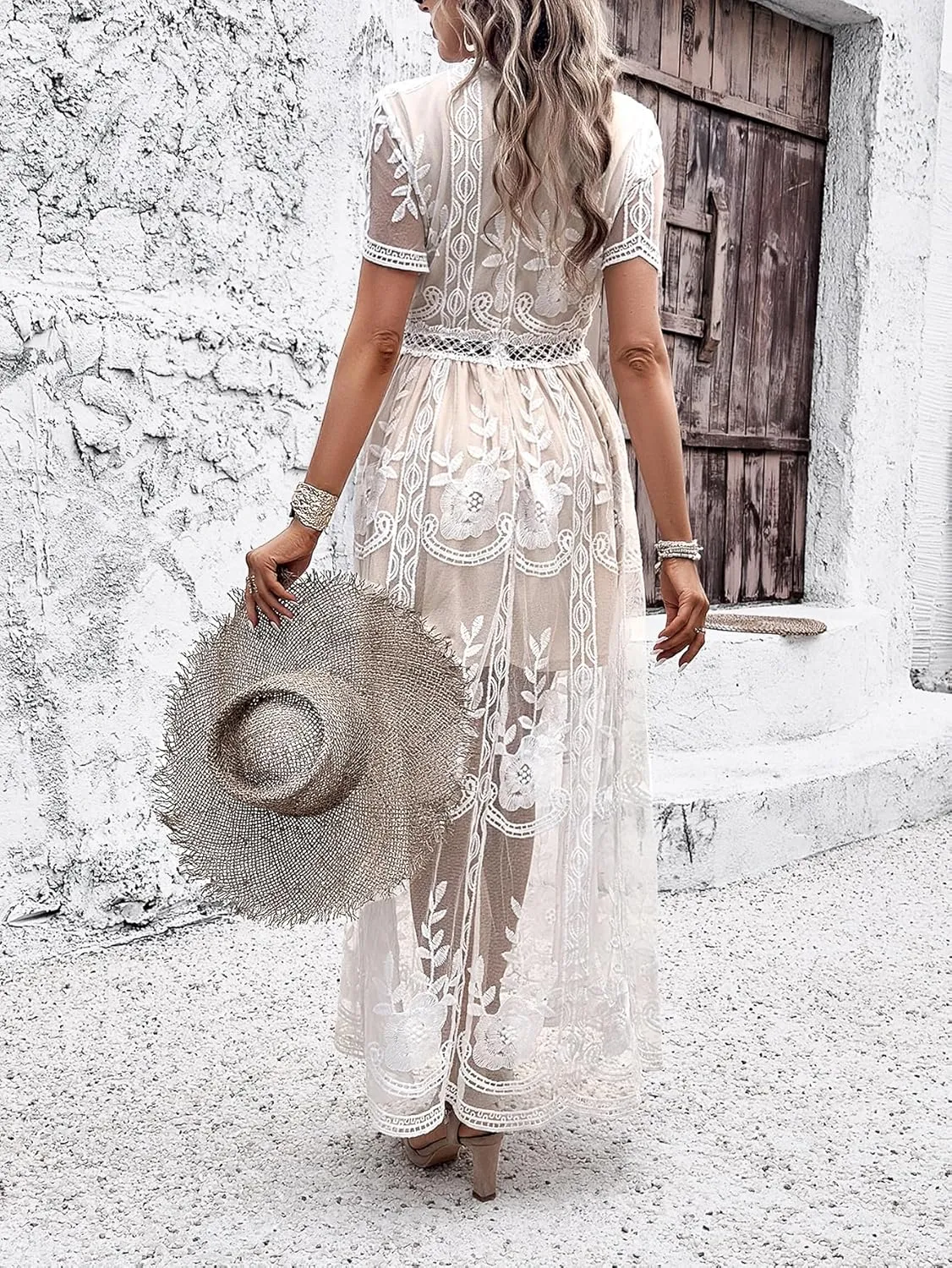2025 Spring Summer Maxi Dresses for Women V Neck Short Sleeve Lace Floral Flowy Beach Vacation Boho Wedding Sundress