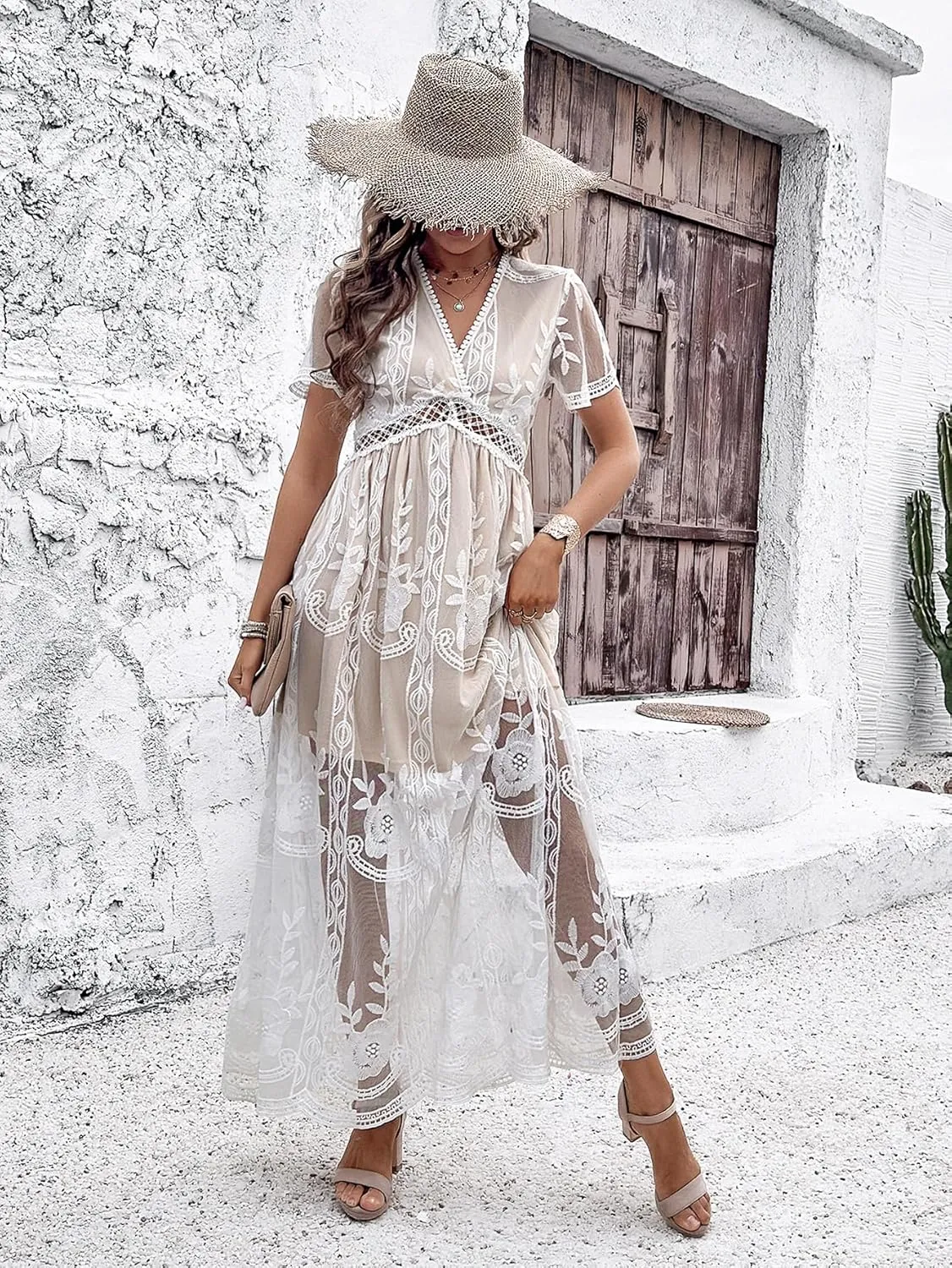2025 Spring Summer Maxi Dresses for Women V Neck Short Sleeve Lace Floral Flowy Beach Vacation Boho Wedding Sundress