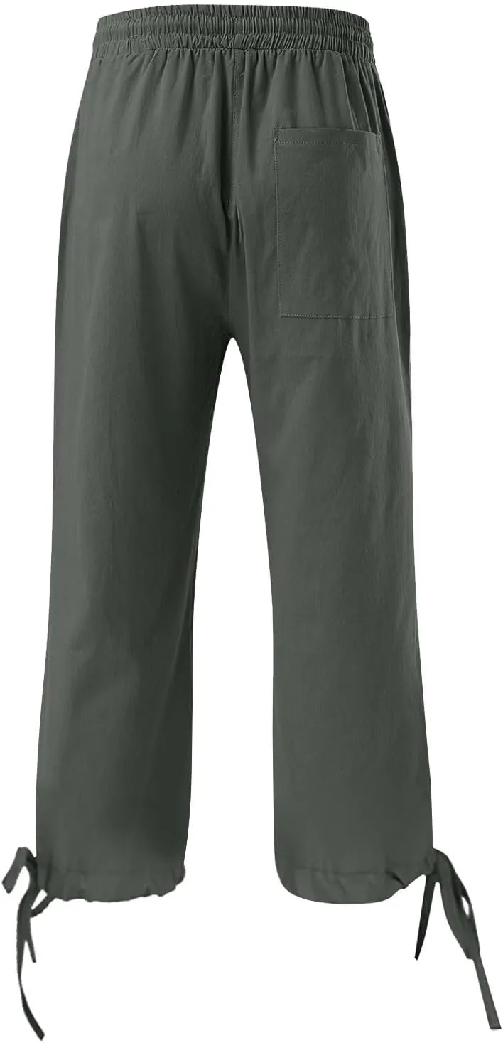 ADHOWBEW Womens Capri Pants Trendy Casual Drawstring Cotton Wide Leg Summer Dressy High Waist Comfy Bottoms with Pockets