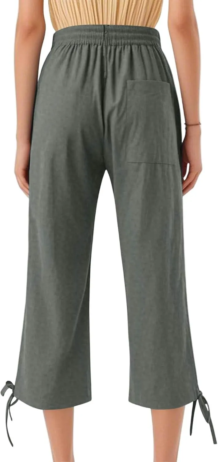 ADHOWBEW Womens Capri Pants Trendy Casual Drawstring Cotton Wide Leg Summer Dressy High Waist Comfy Bottoms with Pockets