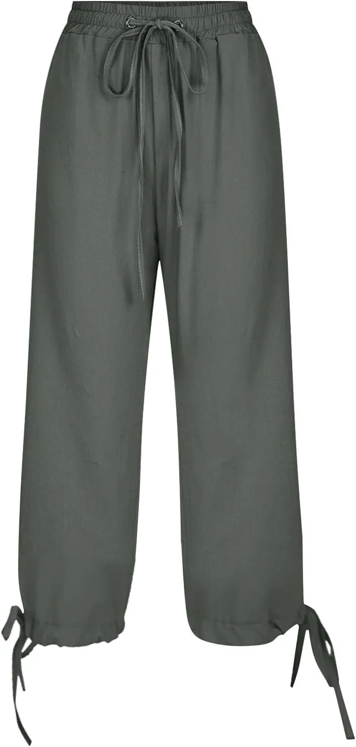 ADHOWBEW Womens Capri Pants Trendy Casual Drawstring Cotton Wide Leg Summer Dressy High Waist Comfy Bottoms with Pockets
