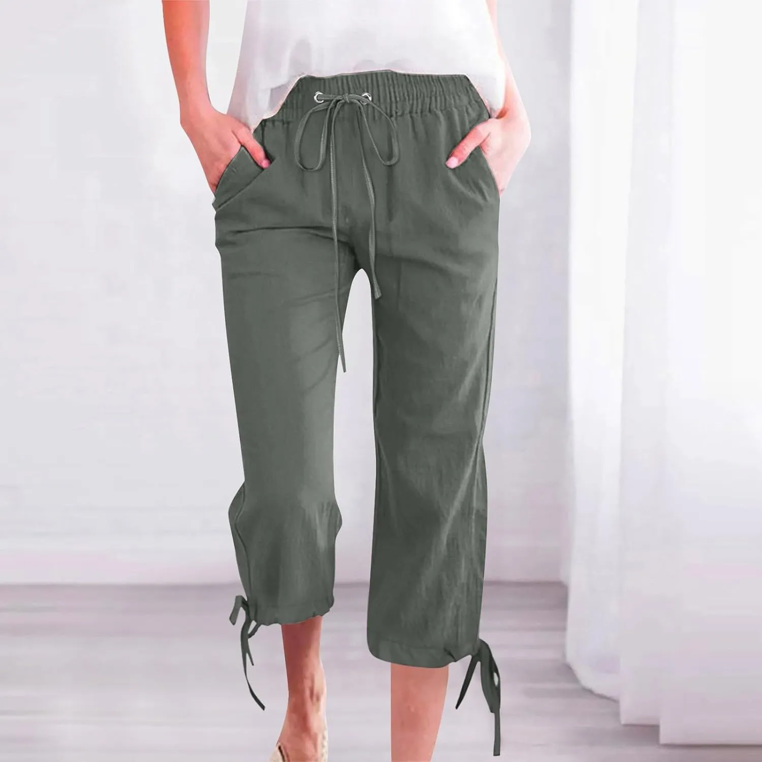 ADHOWBEW Womens Capri Pants Trendy Casual Drawstring Cotton Wide Leg Summer Dressy High Waist Comfy Bottoms with Pockets