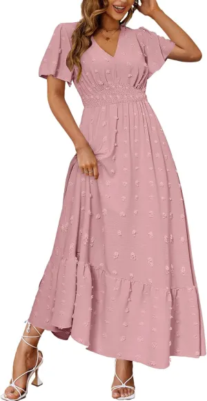 Amegoya Women's Swiss Dot Fall Maxi Dress Long Flowy V Neck Empire Waist Dress Summer Boho Wedding Guest Dress with Pocket