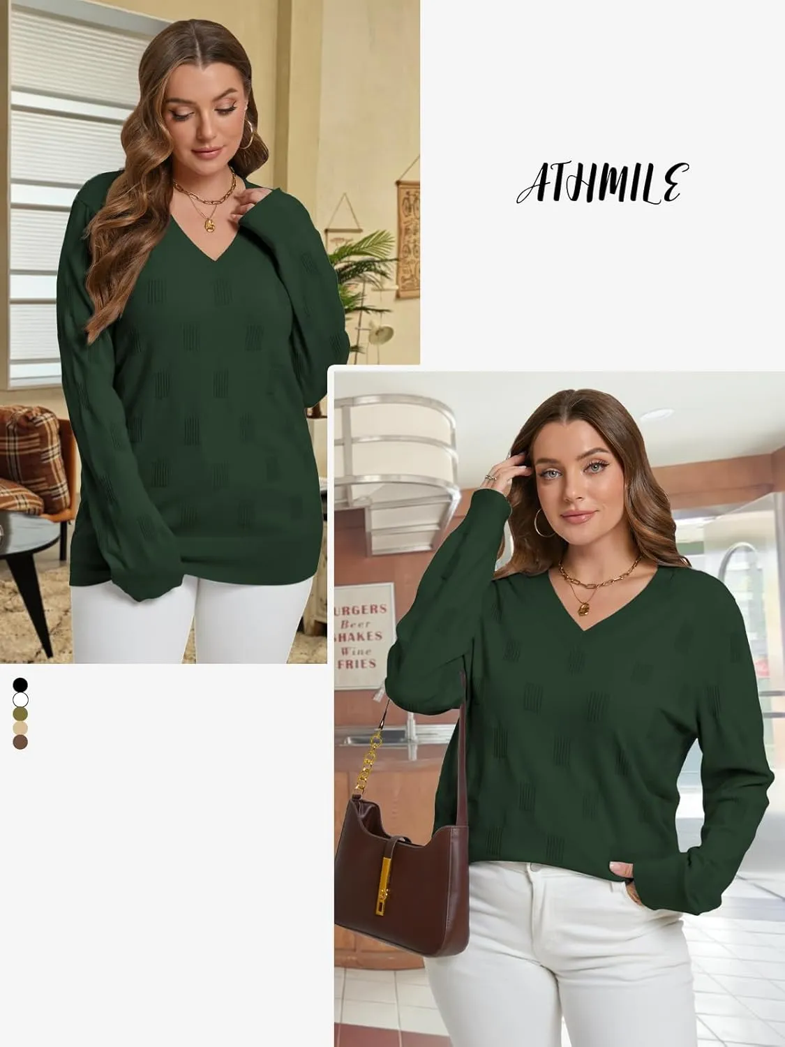 ATHMILE Women's Fall Tops 2025 Fashion Trendy Pullover Sweater V Neck Long Sleeve Shirt Knit Blouse Clothes Outfits