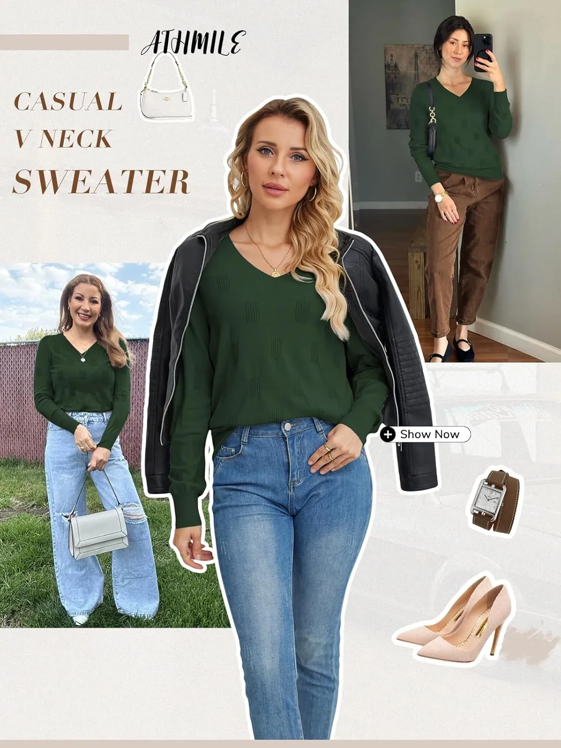 ATHMILE Women's Fall Tops 2025 Fashion Trendy Pullover Sweater V Neck Long Sleeve Shirt Knit Blouse Clothes Outfits