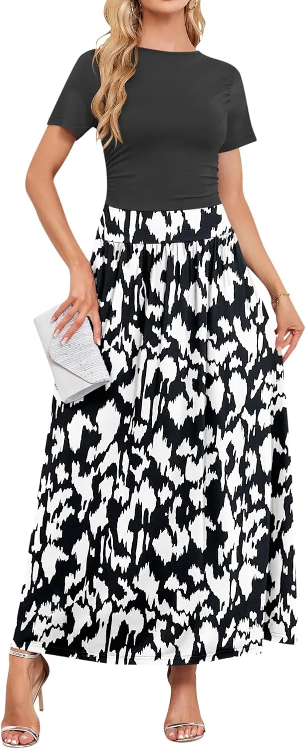 AUSELILY Women's Maxi Dress 2025 Summer Short Sleeve Crewneck Ruffled Flowy Swing Long Dresses,Casual Party or Evening Wear