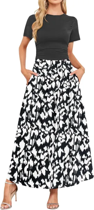 AUSELILY Women's Maxi Dress 2025 Summer Short Sleeve Crewneck Ruffled Flowy Swing Long Dresses,Casual Party or Evening Wear