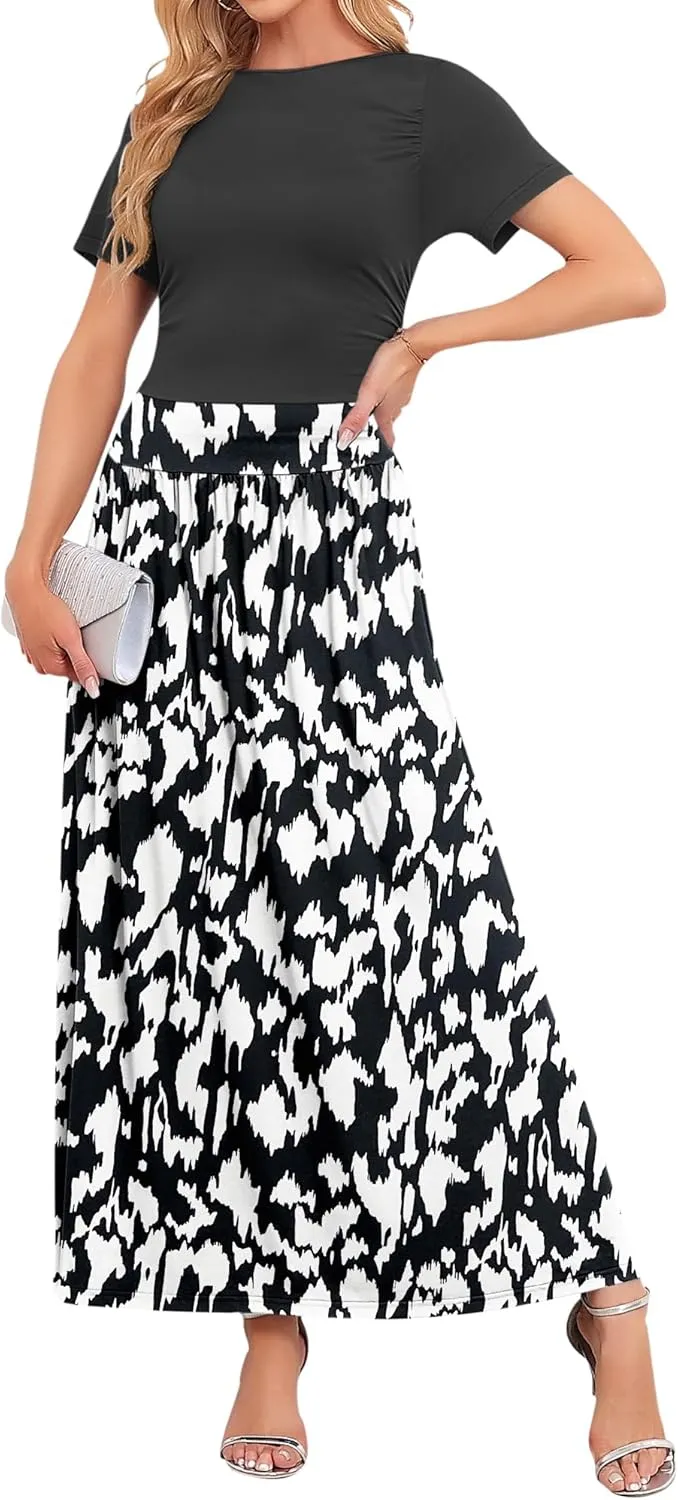 AUSELILY Women's Maxi Dress 2025 Summer Short Sleeve Crewneck Ruffled Flowy Swing Long Dresses,Casual Party or Evening Wear