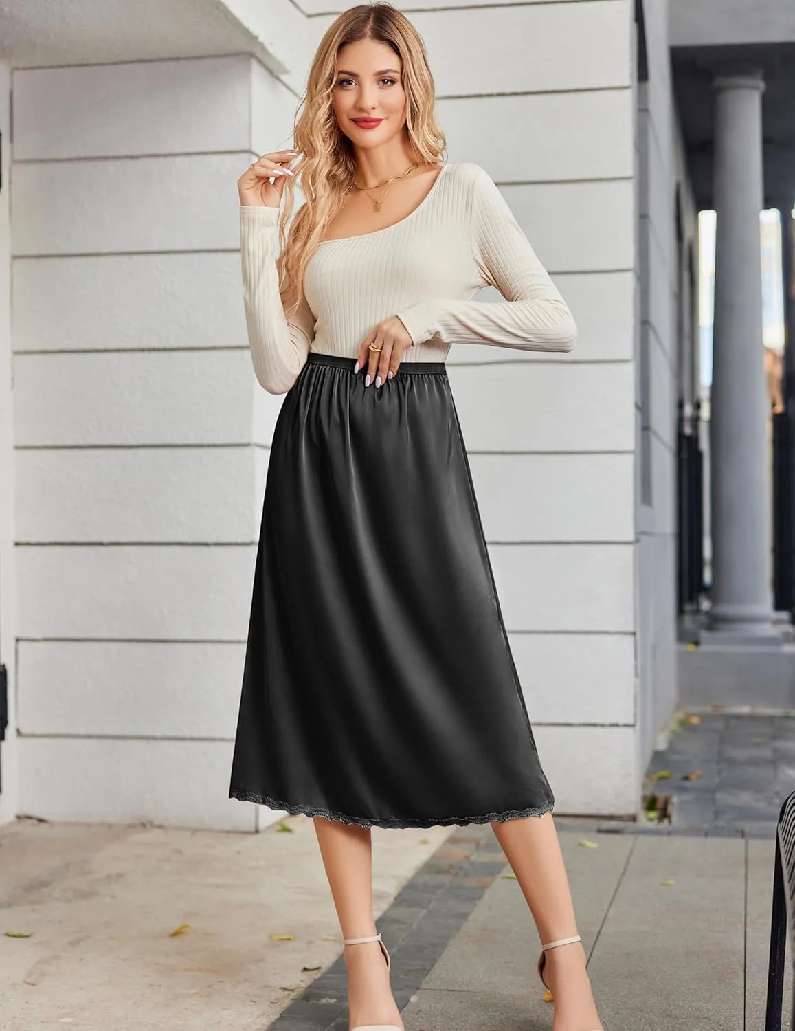 Avidlove Women's Satin Half Slip 36" Lace Long Underskirt S-XXL
