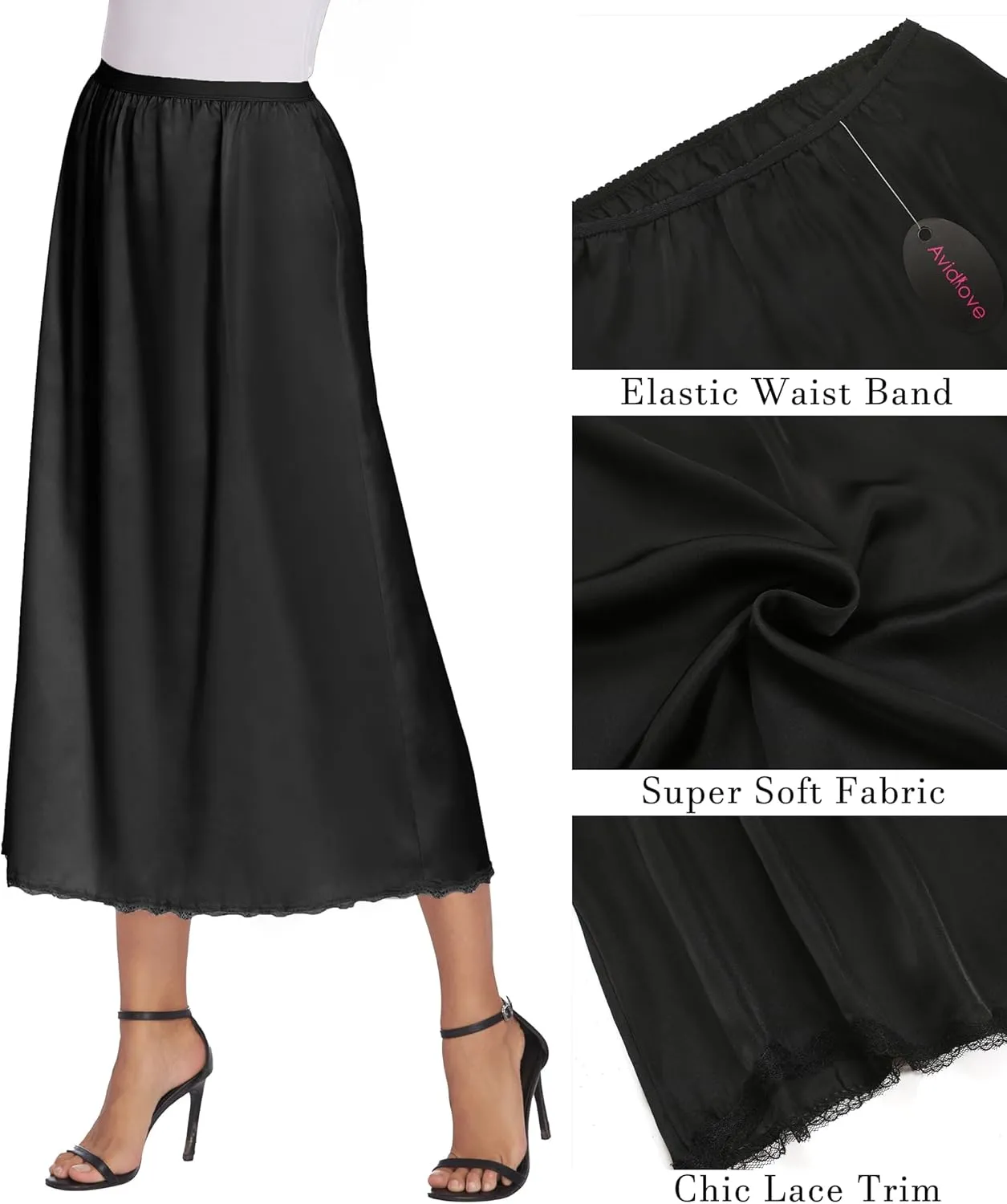 Avidlove Women's Satin Half Slip 36" Lace Long Underskirt S-XXL