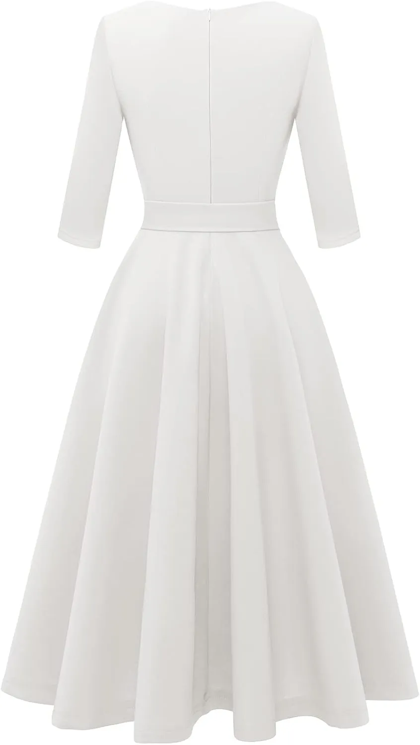 Bbonlinedress Women Casual Vintage Tea Dress Cocktail Prom Midi Church Dresses, V-Neck 3/4 Sleeves Dress