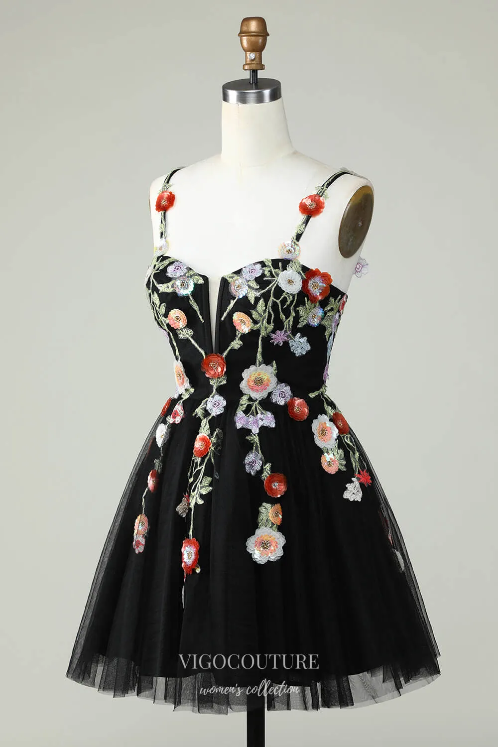 Black 3D Flower Lace Applique Homecoming Dresses Spaghetti Strap Back to School Dress hc421