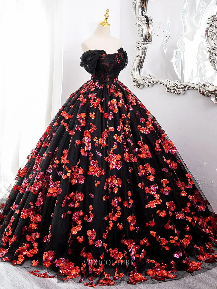 Black Tulle Prom Dresses with Red Beaded Flowers, Off the Shoulder Quinceanera Dresses BG006