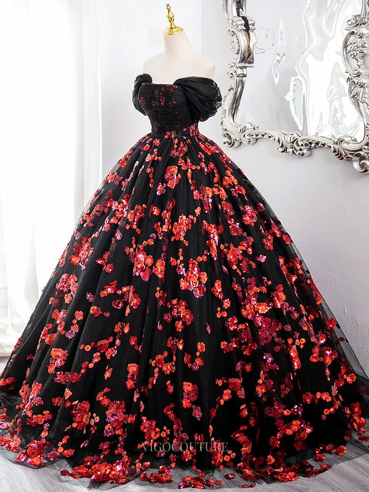 Black Tulle Prom Dresses with Red Beaded Flowers, Off the Shoulder Quinceanera Dresses BG006