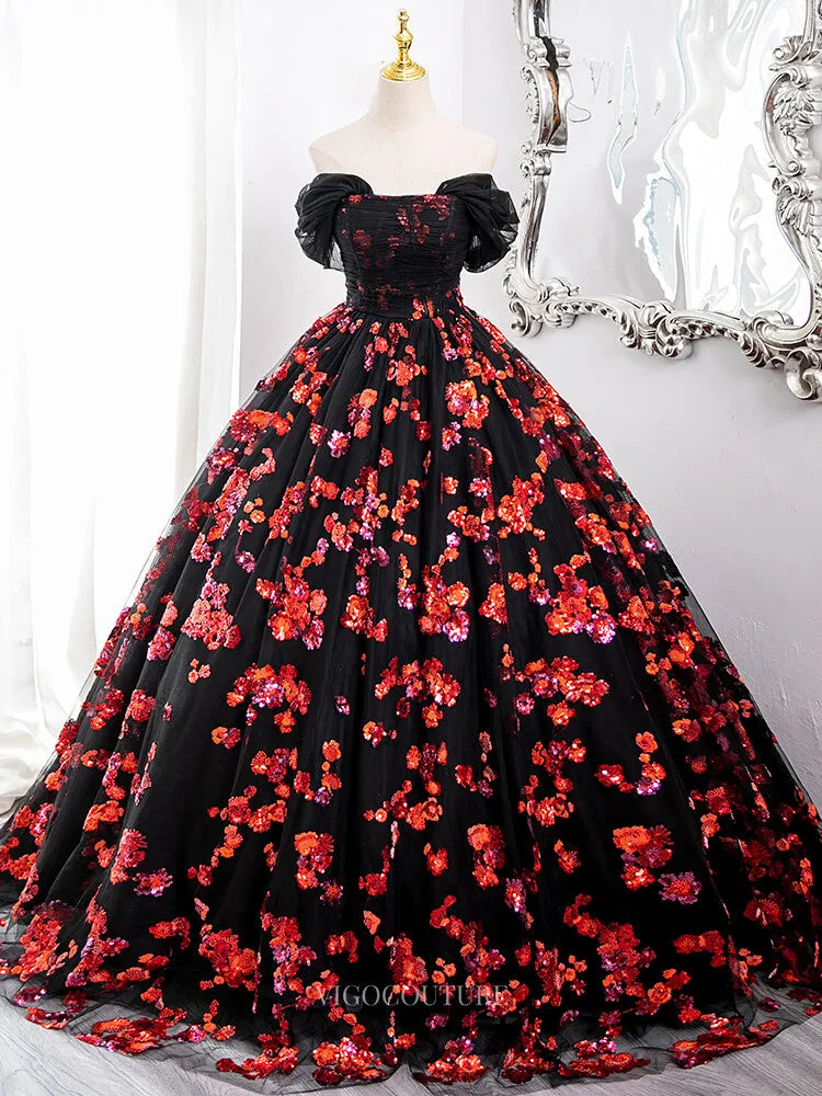 Black Tulle Prom Dresses with Red Beaded Flowers, Off the Shoulder Quinceanera Dresses BG006