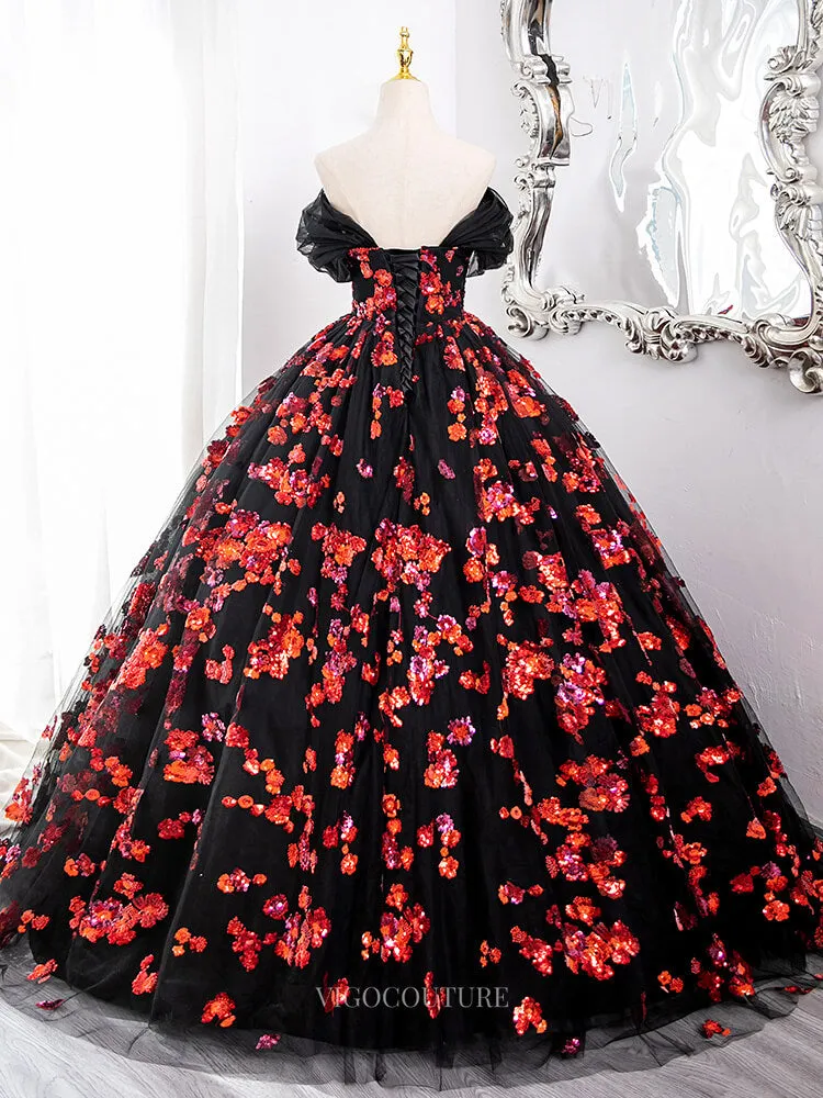 Black Tulle Prom Dresses with Red Beaded Flowers, Off the Shoulder Quinceanera Dresses BG006