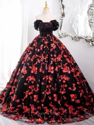 Black Tulle Prom Dresses with Red Beaded Flowers, Off the Shoulder Quinceanera Dresses BG006