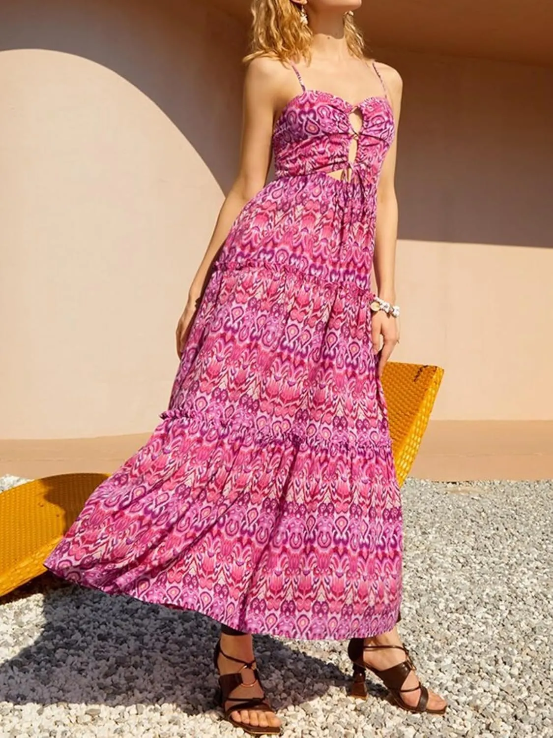 Boho Floral Tie Front Maxi Dress Women Y2k Cutout Flowy Spaghetti Strap Beach Sundress Long Cami Dresses Summer