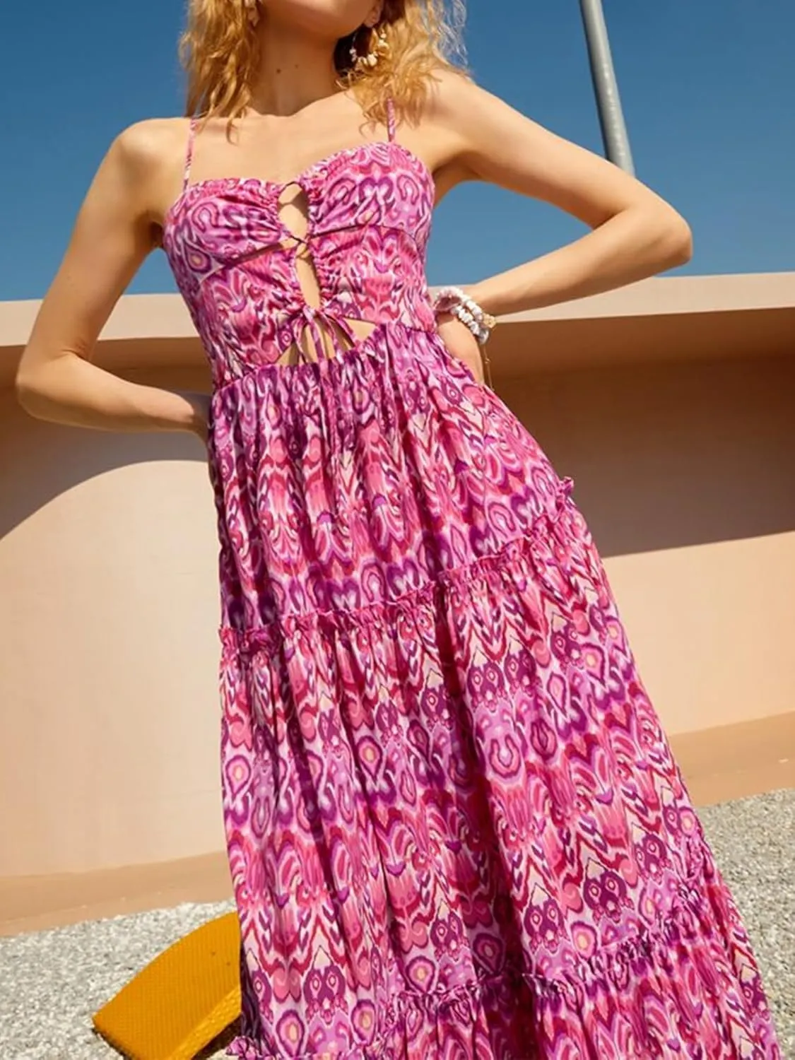 Boho Floral Tie Front Maxi Dress Women Y2k Cutout Flowy Spaghetti Strap Beach Sundress Long Cami Dresses Summer