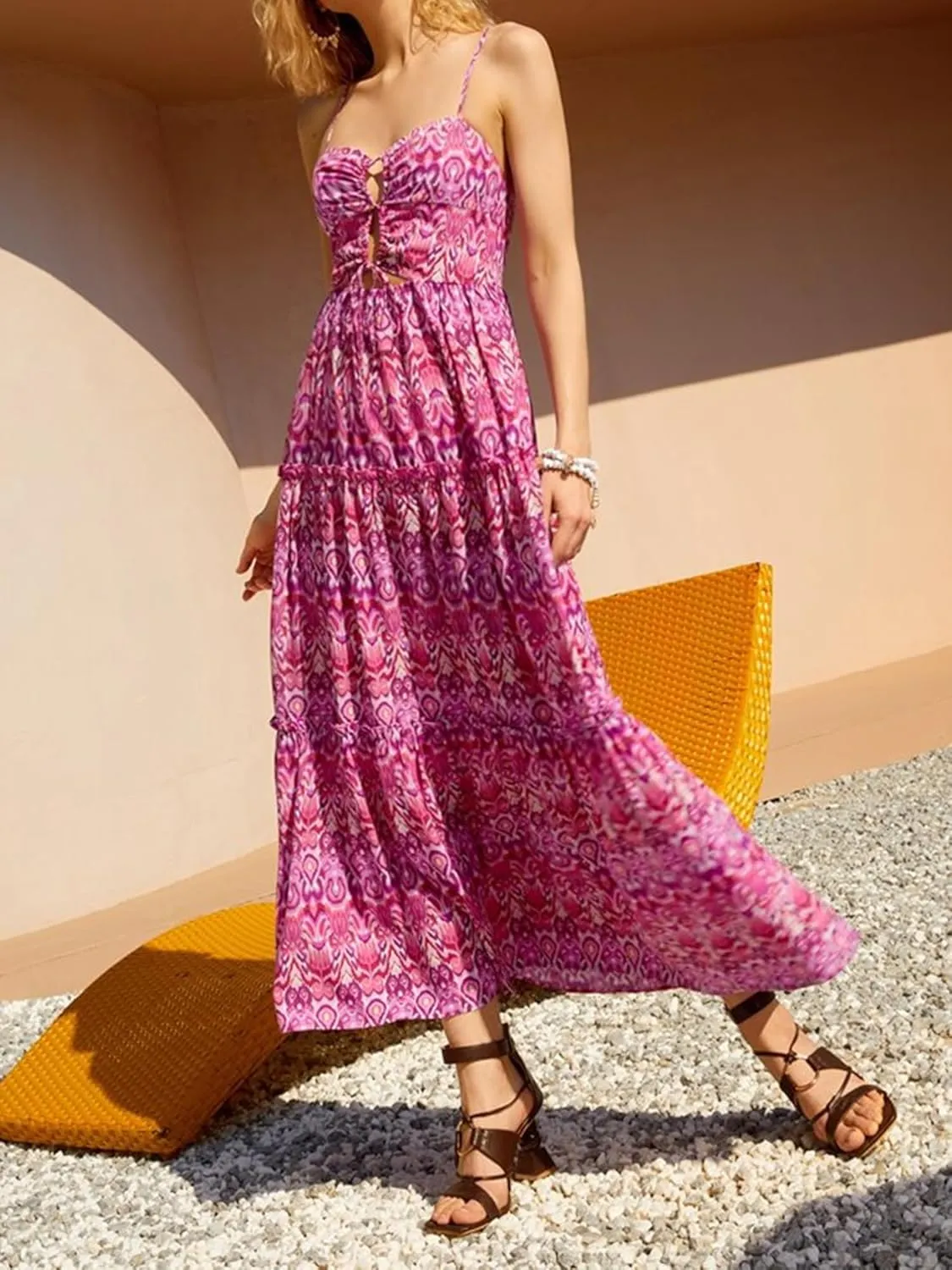 Boho Floral Tie Front Maxi Dress Women Y2k Cutout Flowy Spaghetti Strap Beach Sundress Long Cami Dresses Summer