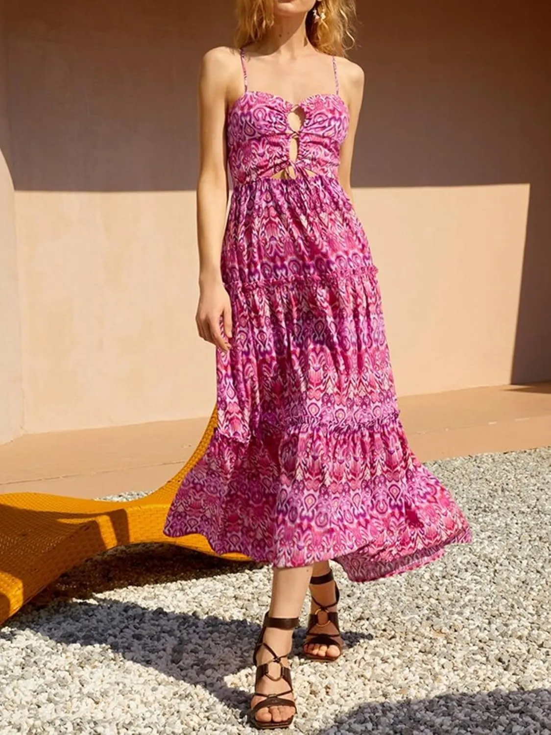 Boho Floral Tie Front Maxi Dress Women Y2k Cutout Flowy Spaghetti Strap Beach Sundress Long Cami Dresses Summer