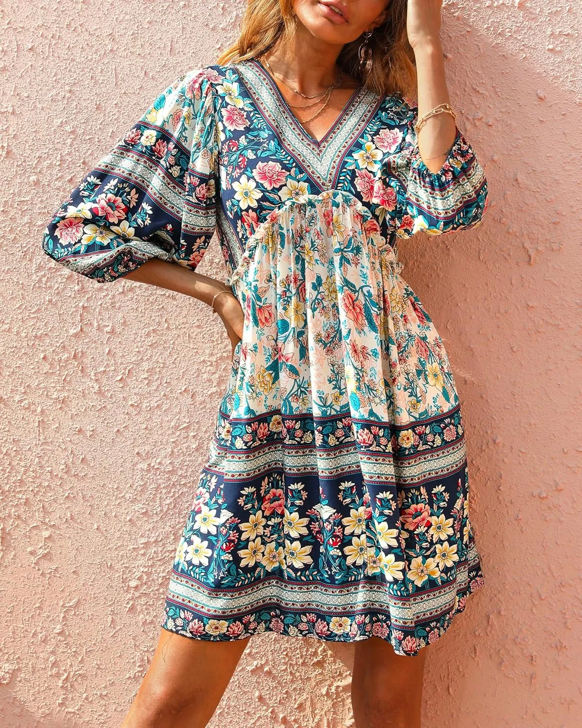 BTFBM Women Casual Spring Summer Dresses V Neck 3/4 Long Sleeve Ruffle Floral Flowy Boho Babydoll Mini Short Beach Dress