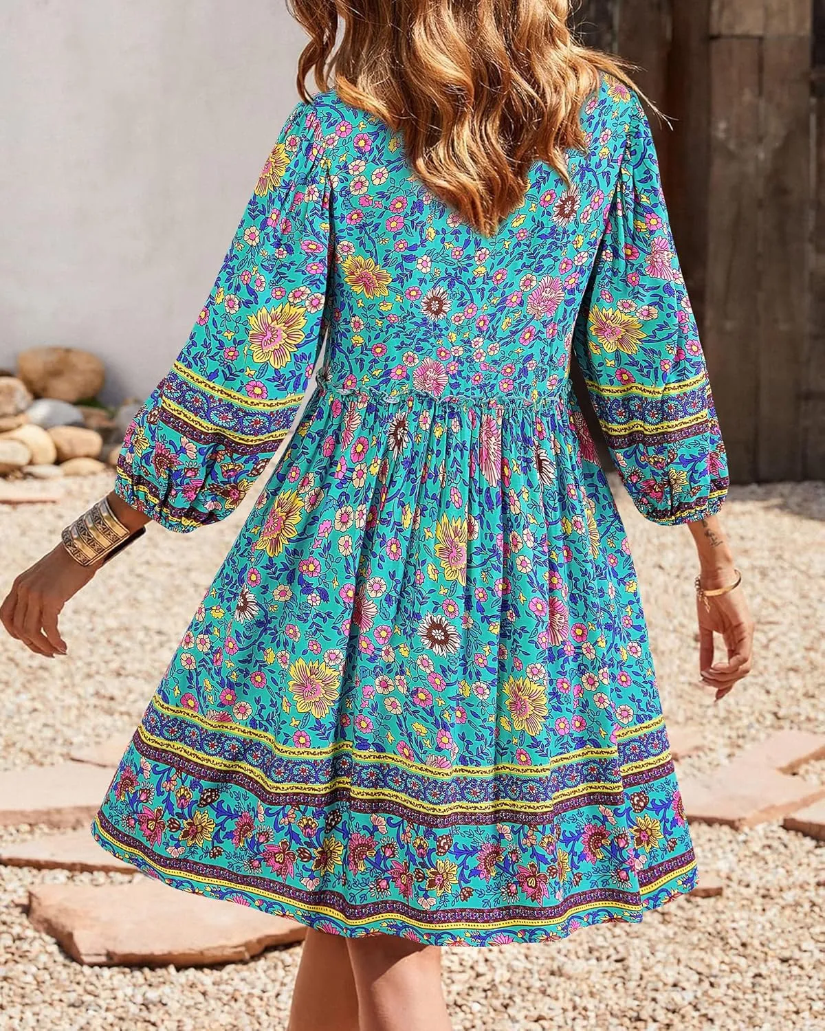 BTFBM Women Casual Spring Summer Dresses V Neck 3/4 Long Sleeve Ruffle Floral Flowy Boho Babydoll Mini Short Beach Dress