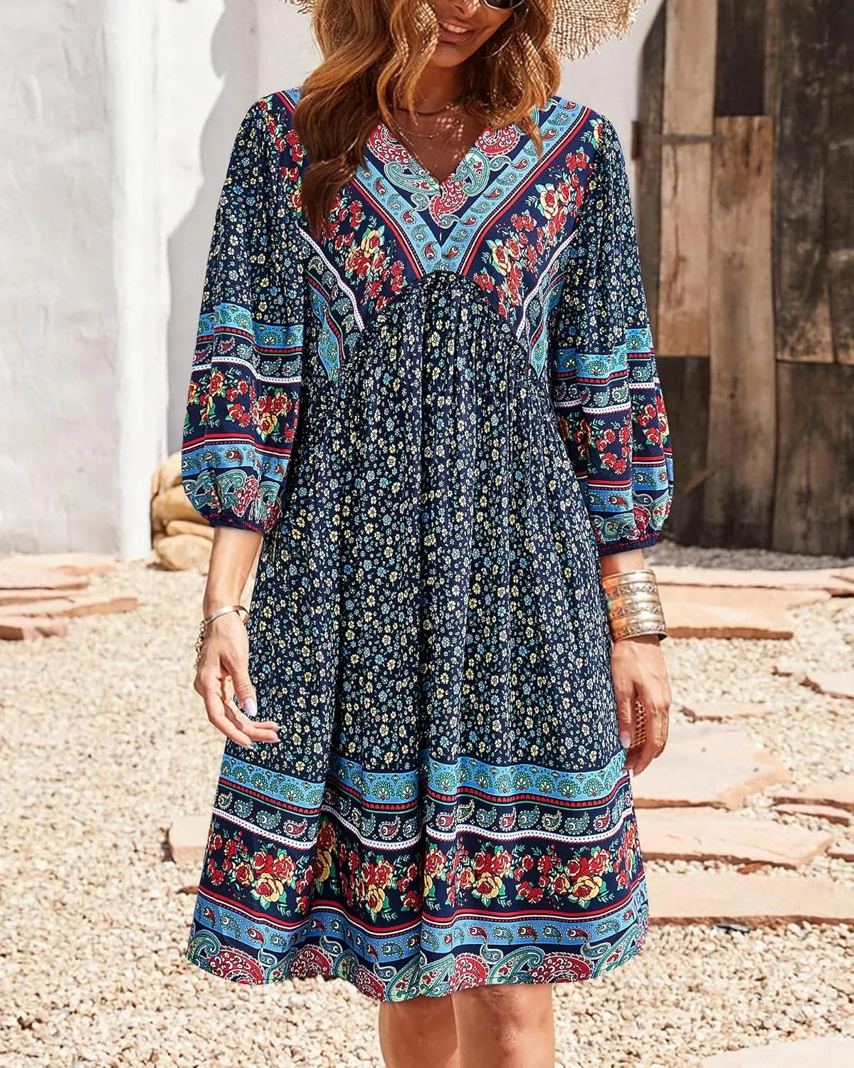 BTFBM Women Casual Spring Summer Dresses V Neck 3/4 Long Sleeve Ruffle Floral Flowy Boho Babydoll Mini Short Beach Dress