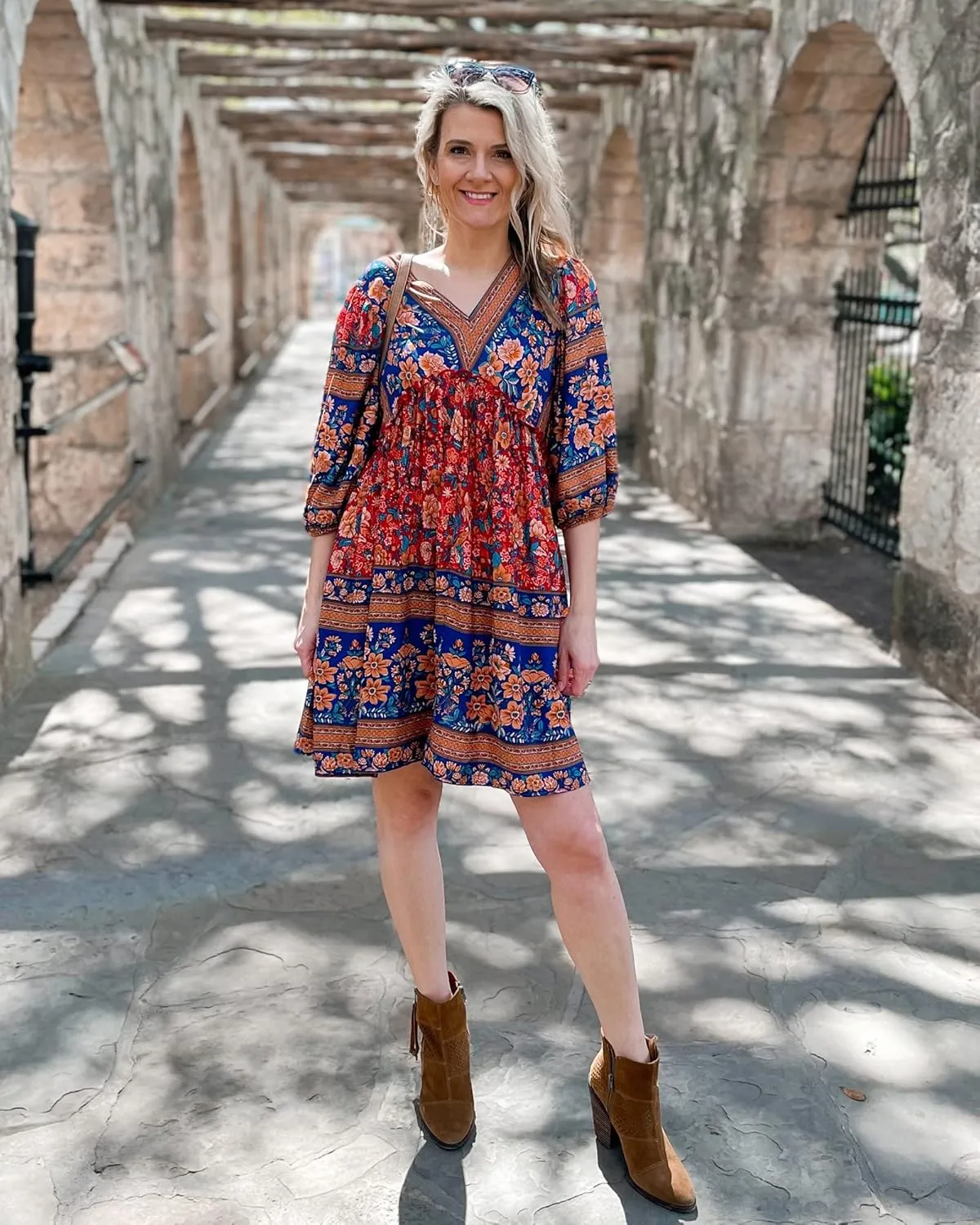 BTFBM Women Casual Spring Summer Dresses V Neck 3/4 Long Sleeve Ruffle Floral Flowy Boho Babydoll Mini Short Beach Dress