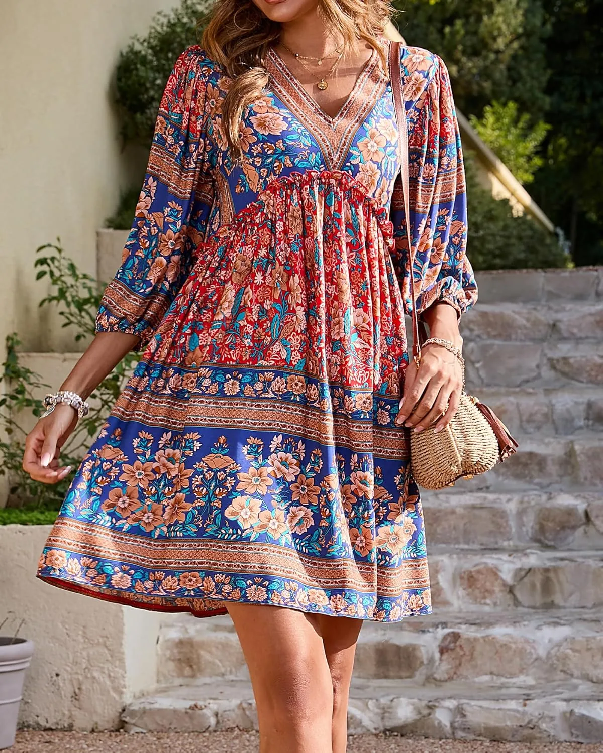 BTFBM Women Casual Spring Summer Dresses V Neck 3/4 Long Sleeve Ruffle Floral Flowy Boho Babydoll Mini Short Beach Dress