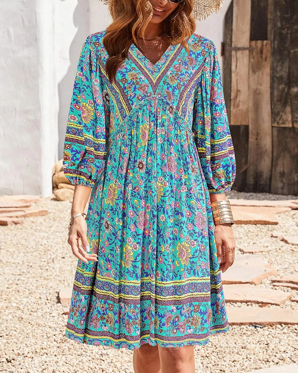 BTFBM Women Casual Spring Summer Dresses V Neck 3/4 Long Sleeve Ruffle Floral Flowy Boho Babydoll Mini Short Beach Dress