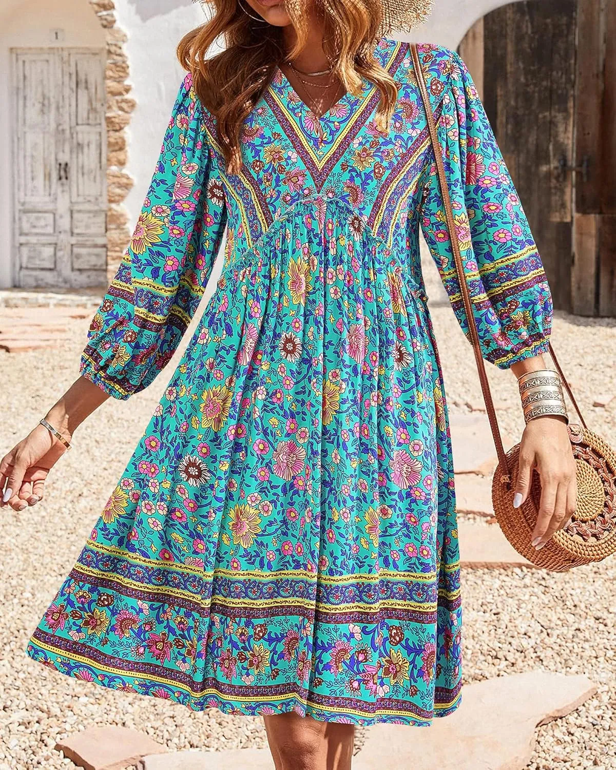 BTFBM Women Casual Spring Summer Dresses V Neck 3/4 Long Sleeve Ruffle Floral Flowy Boho Babydoll Mini Short Beach Dress