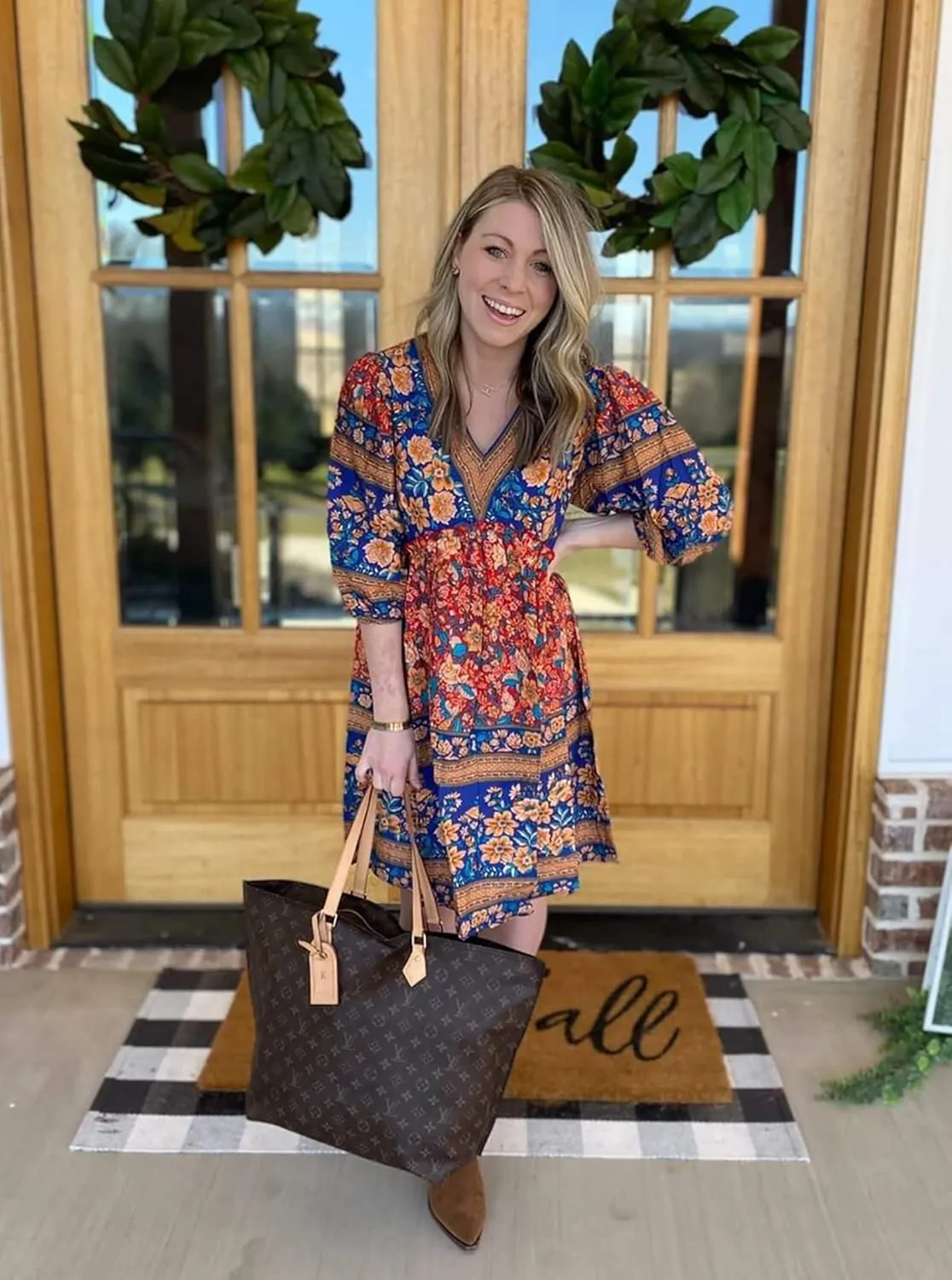 BTFBM Women Casual Spring Summer Dresses V Neck 3/4 Long Sleeve Ruffle Floral Flowy Boho Babydoll Mini Short Beach Dress