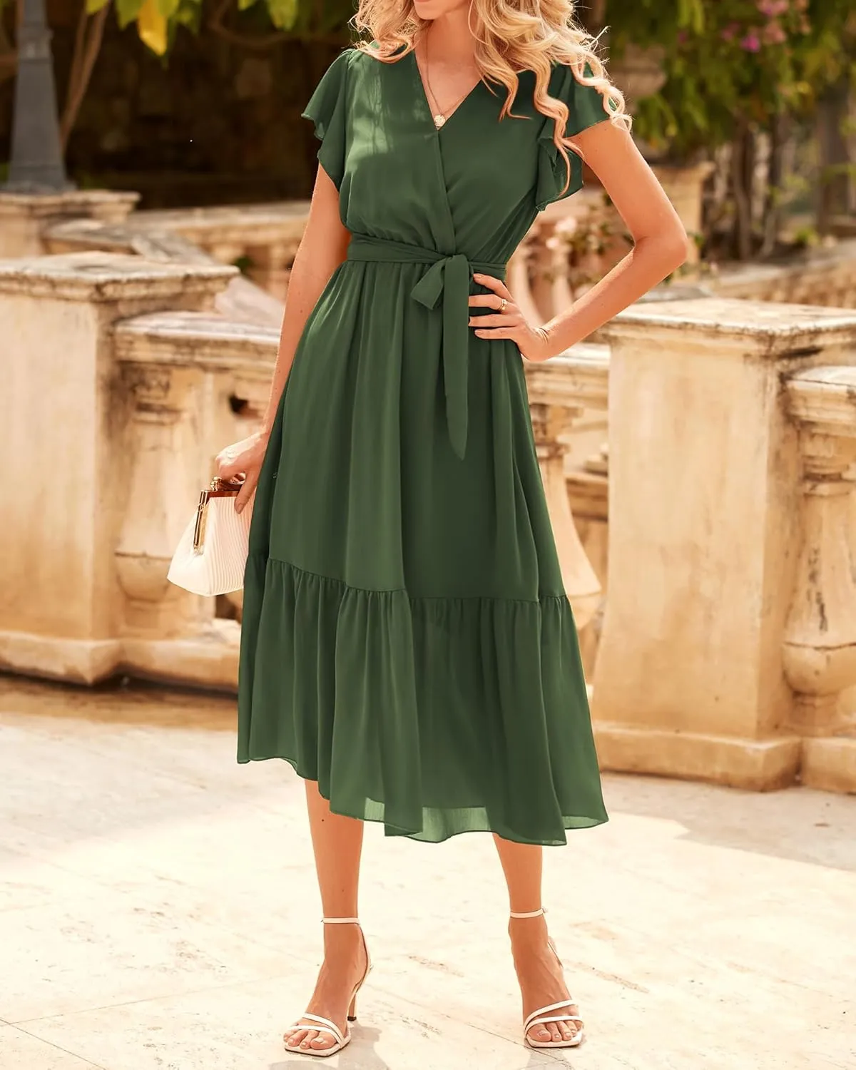 BTFBM Women Summer Bohemian Floral Casual Wrap V Neck Ruffle Cap Sleeveless Belt A-Line Pleated Hem Midi Sun Dress White