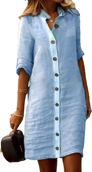 Button Down Dress for Women Casual Linen Flowy Shift Midi Dress Summer V Neck Half Sleeve Loose Beach Shirt Dresses