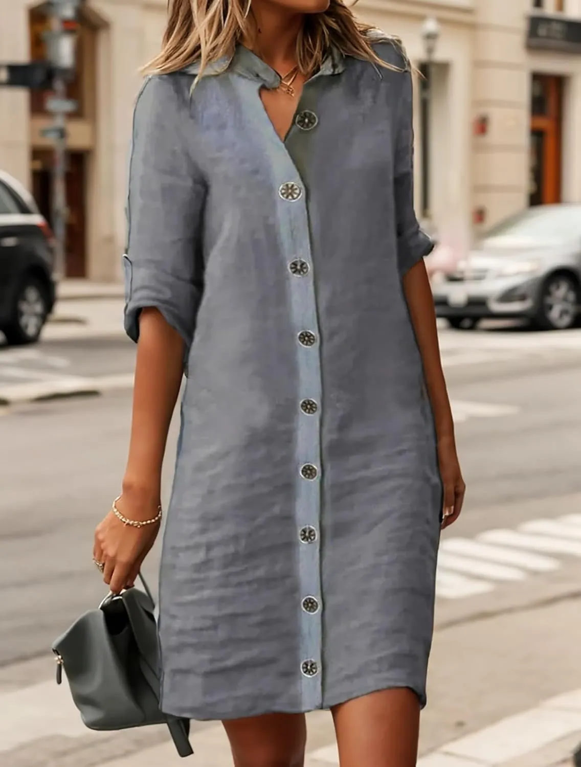 Button Down Dress for Women Casual Linen Flowy Shift Midi Dress Summer V Neck Half Sleeve Loose Beach Shirt Dresses