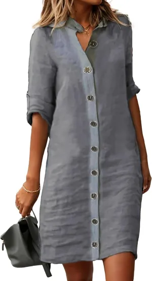 Button Down Dress for Women Casual Linen Flowy Shift Midi Dress Summer V Neck Half Sleeve Loose Beach Shirt Dresses