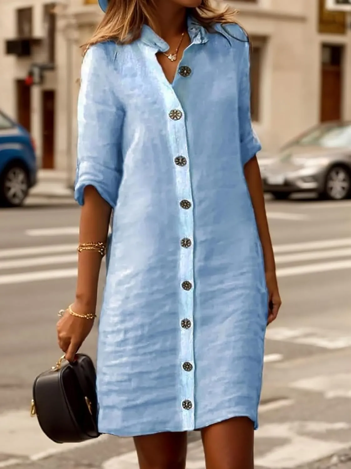 Button Down Dress for Women Casual Linen Flowy Shift Midi Dress Summer V Neck Half Sleeve Loose Beach Shirt Dresses