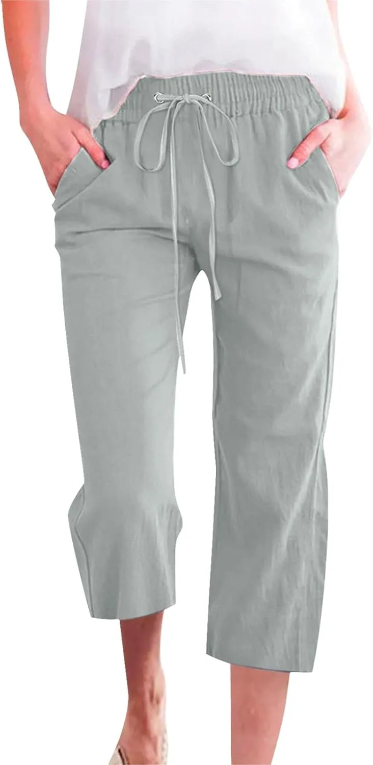Capri Pants for Women Dressy 2025 Cotton Linen Summer Straight Wide Leg Drawstring Elastic Waist Cropped Trouser