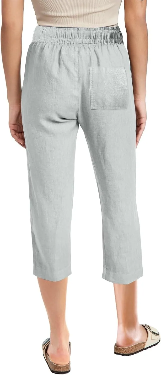 Capri Pants for Women Dressy 2025 Cotton Linen Summer Straight Wide Leg Drawstring Elastic Waist Cropped Trouser