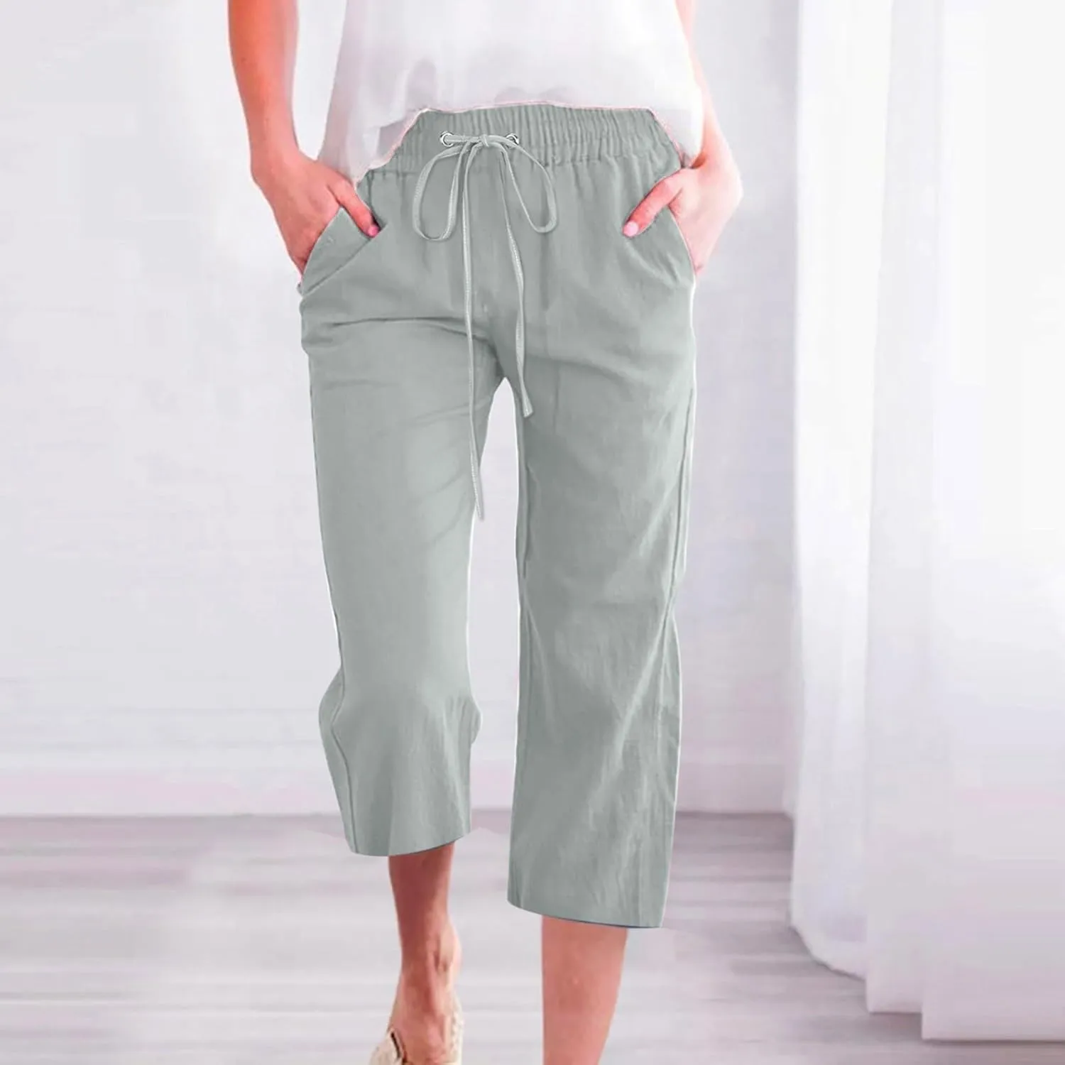 Capri Pants for Women Dressy 2025 Cotton Linen Summer Straight Wide Leg Drawstring Elastic Waist Cropped Trouser