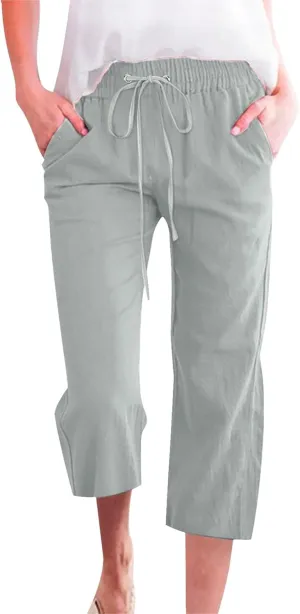 Capri Pants for Women Dressy 2025 Cotton Linen Summer Straight Wide Leg Drawstring Elastic Waist Cropped Trouser