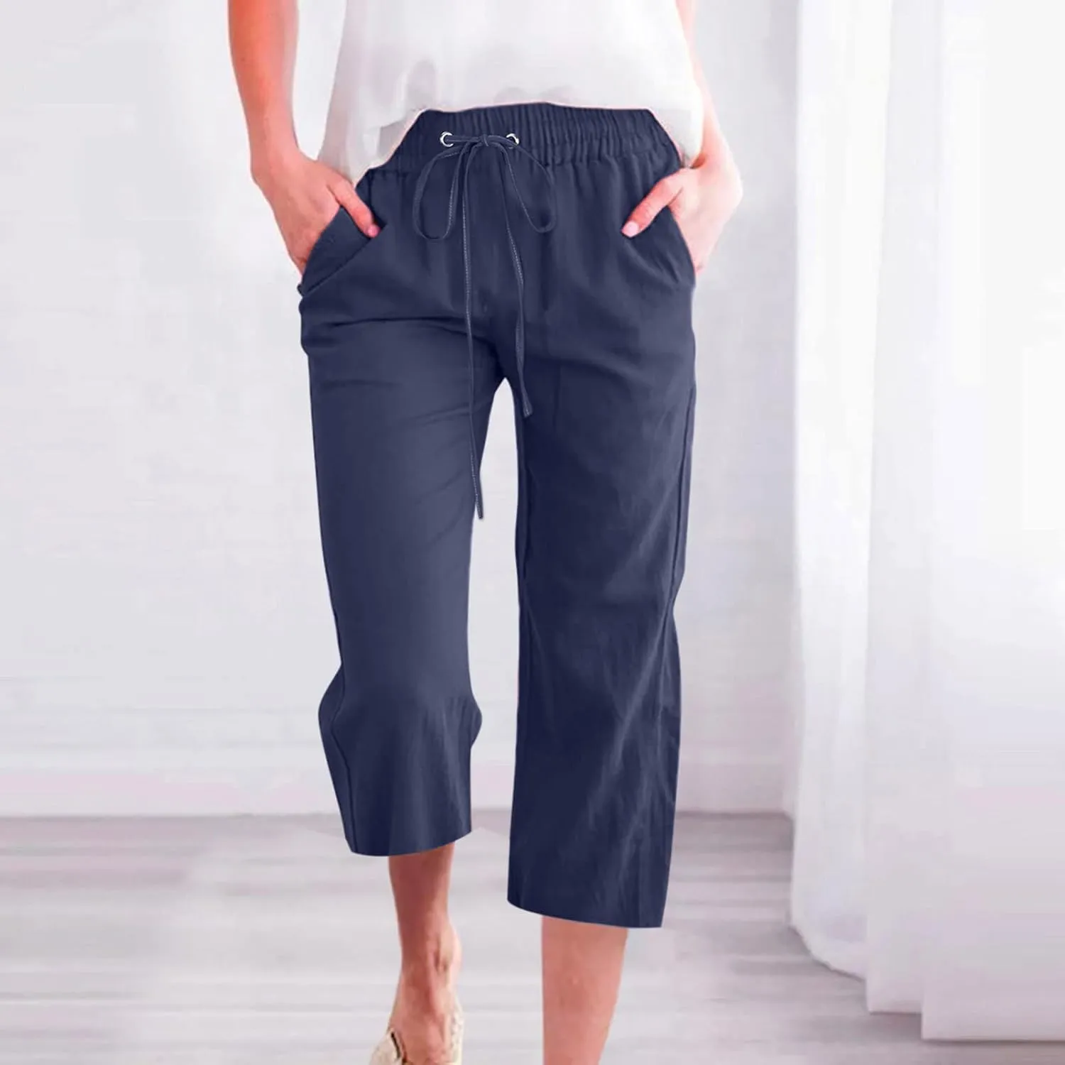 Capri Pants for Women Summer Linen Pants Drawstring Waisted Casual Loose Wide Leg Trousers Cropped Pants with Pockets