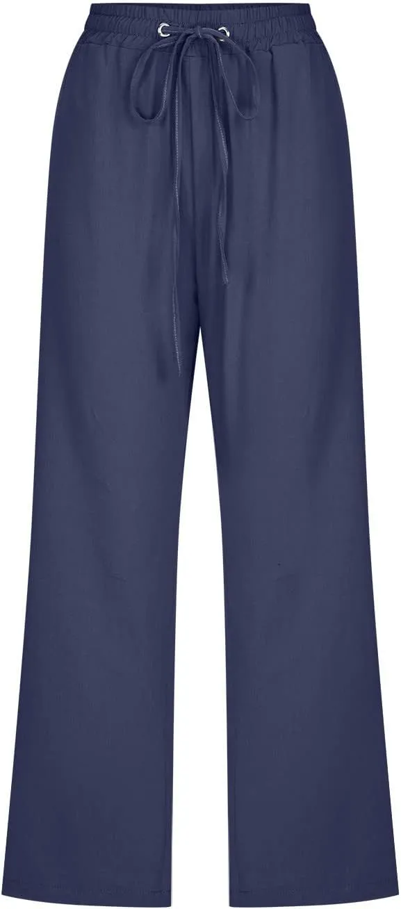 Capri Pants for Women Summer Linen Pants Drawstring Waisted Casual Loose Wide Leg Trousers Cropped Pants with Pockets