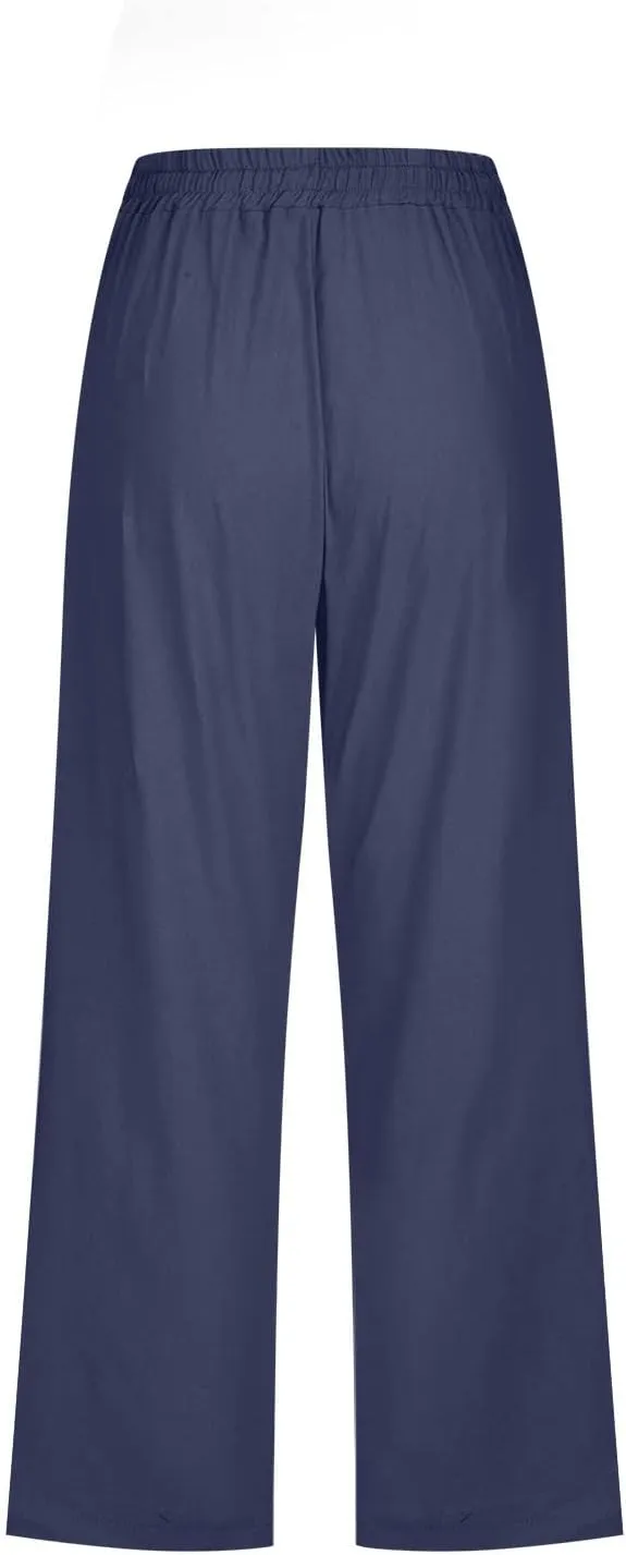 Capri Pants for Women Summer Linen Pants Drawstring Waisted Casual Loose Wide Leg Trousers Cropped Pants with Pockets
