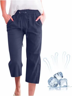 Capri Pants for Women Summer Linen Pants Drawstring Waisted Casual Loose Wide Leg Trousers Cropped Pants with Pockets