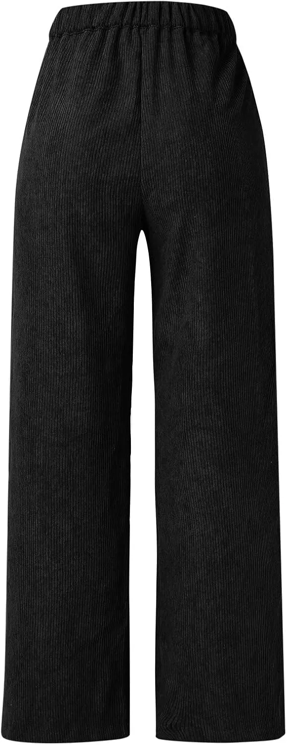 Casual Straight Pants for Women Solid Color Wide Leg Baggy Pant Loose Fit High Rise Elastic Waist Trouser with Pocket