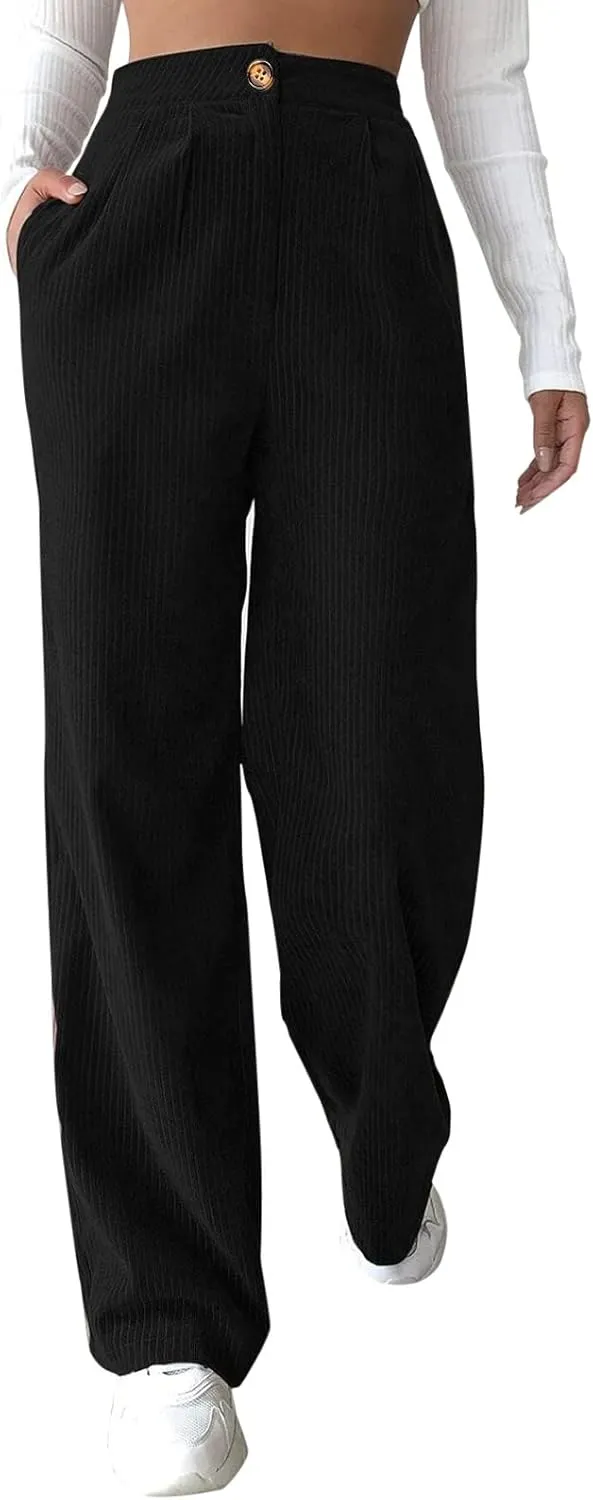 Casual Straight Pants for Women Solid Color Wide Leg Baggy Pant Loose Fit High Rise Elastic Waist Trouser with Pocket