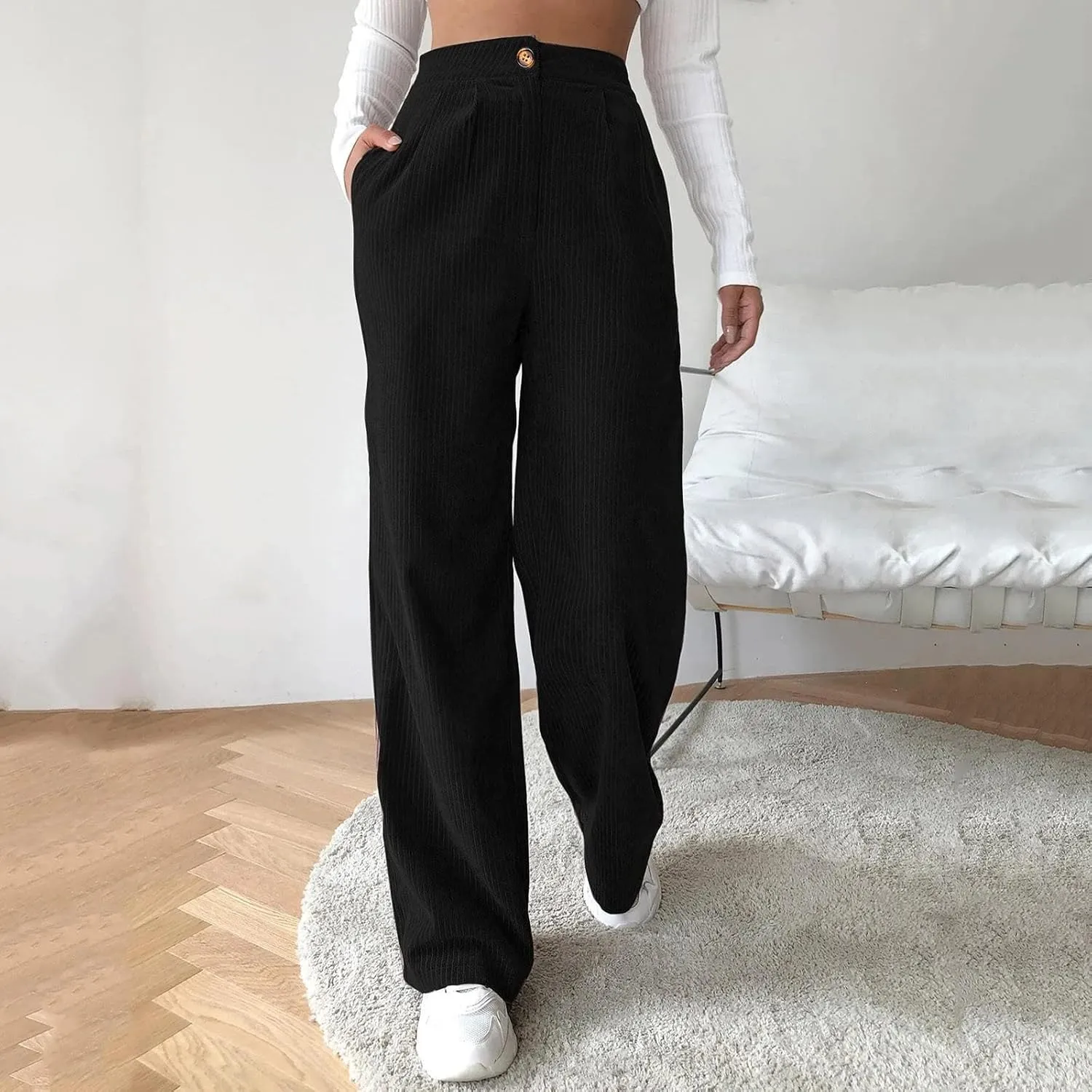 Casual Straight Pants for Women Solid Color Wide Leg Baggy Pant Loose Fit High Rise Elastic Waist Trouser with Pocket