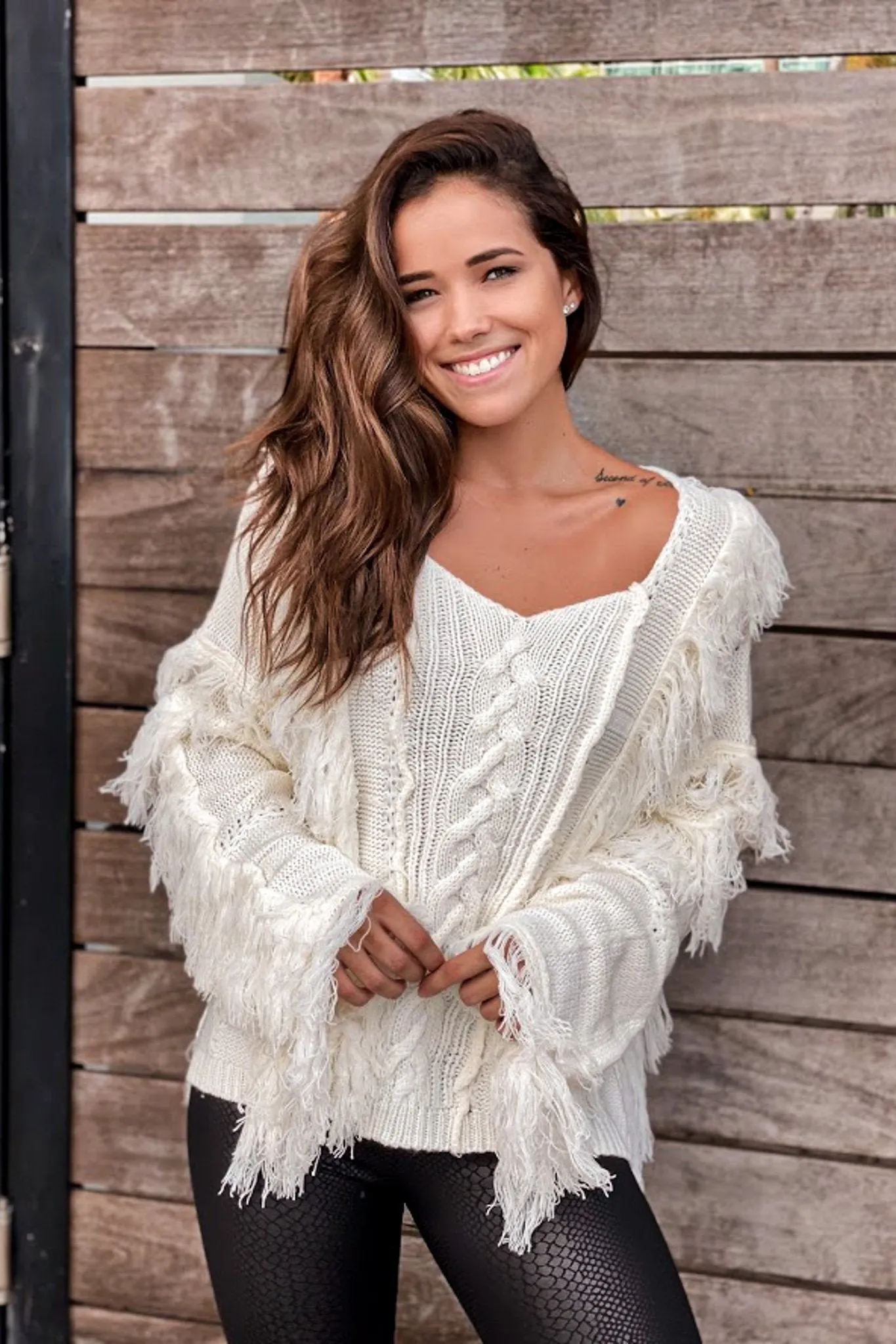 Cream Knit Sweater with Frayed Detail